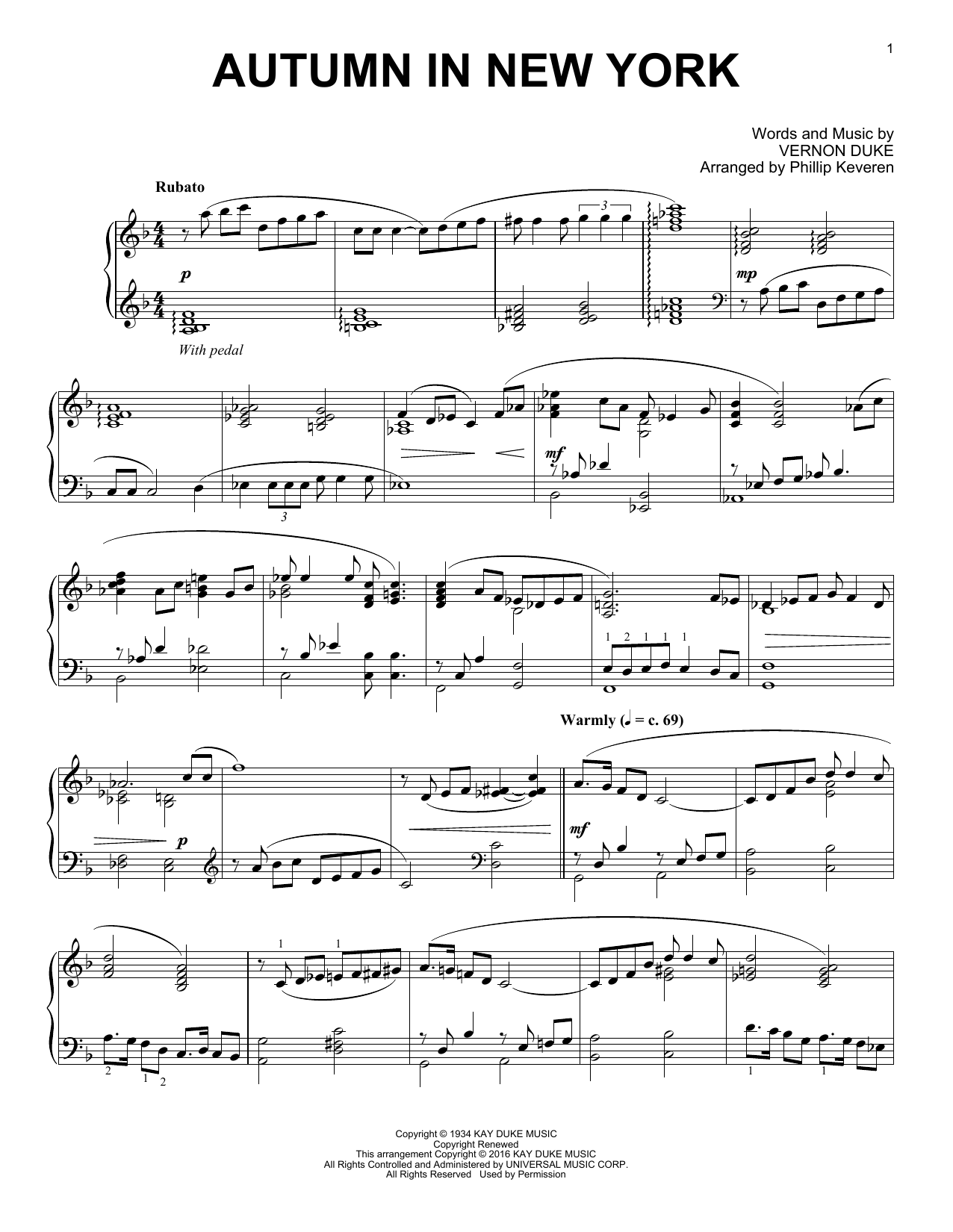 Phillip Keveren Autumn In New York sheet music notes and chords arranged for Piano Solo