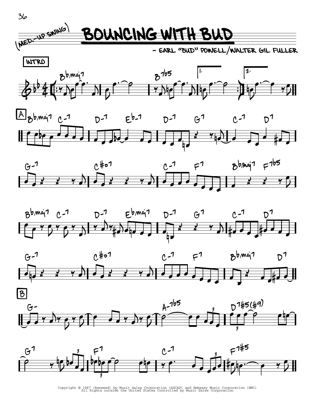 Bud Powell Bouncing With Bud sheet music notes and chords. Download Printable PDF.