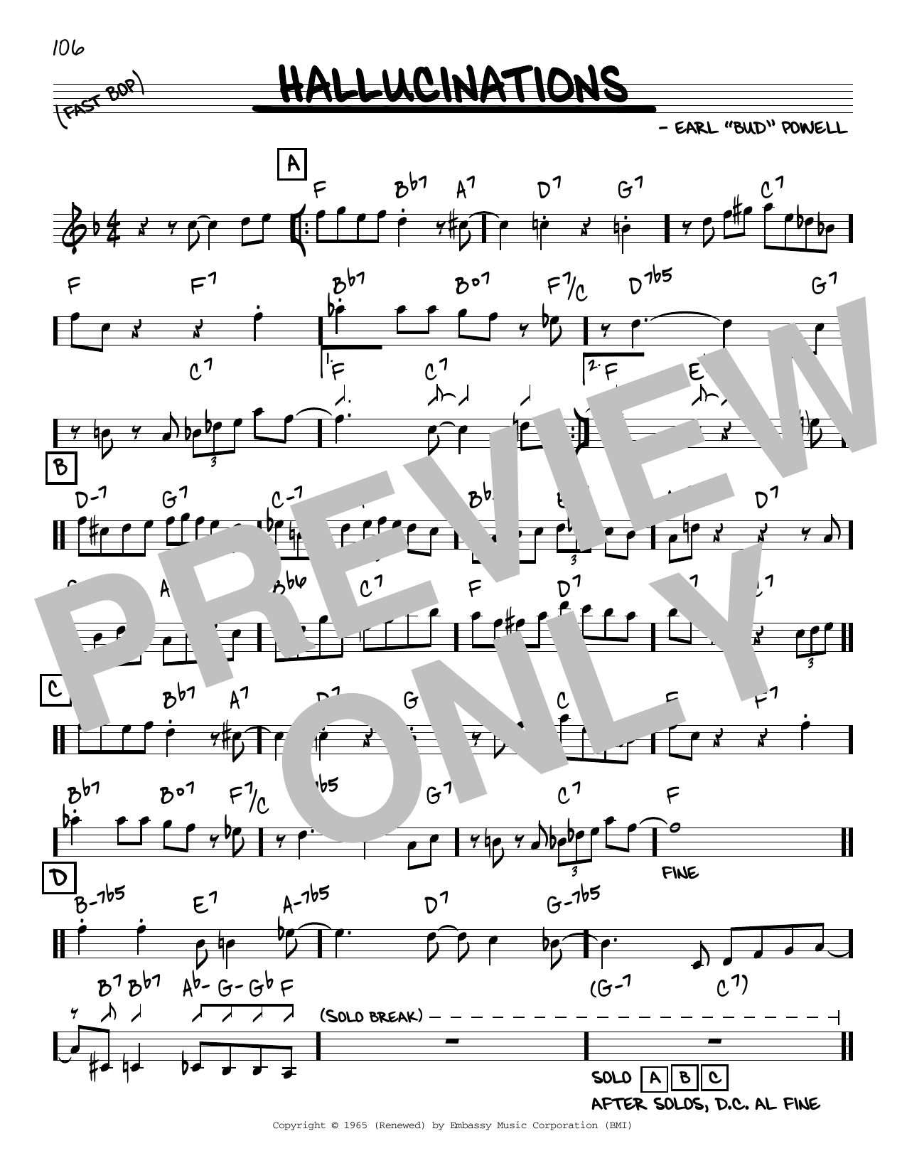 Bud Powell Hallucinations sheet music notes and chords arranged for Real Book – Melody & Chords – C Instruments