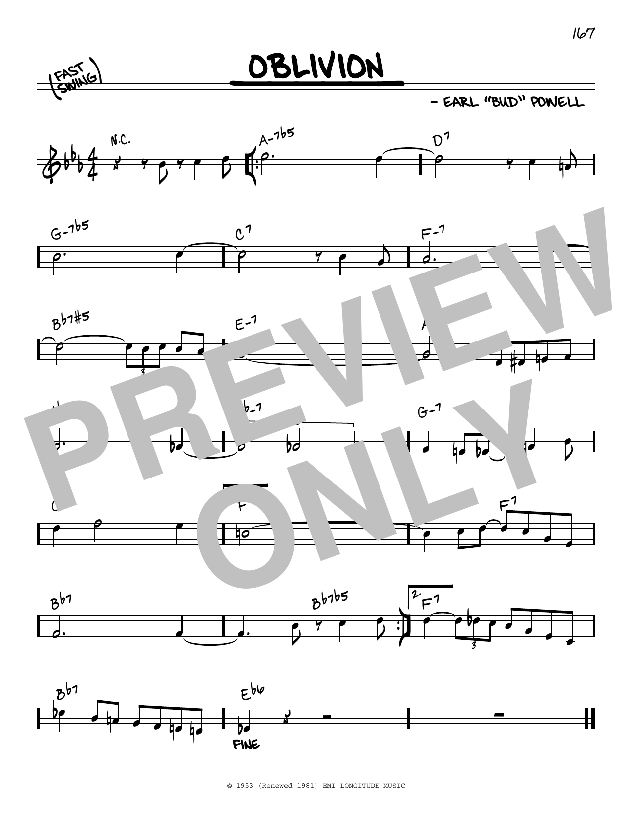 Bud Powell Oblivion sheet music notes and chords arranged for Real Book – Melody & Chords