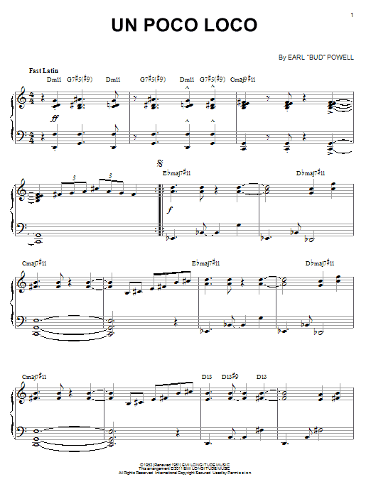 Learn to play Bud Powell Un Poco Loco (arr. Brent Edstrom) sheet music for Piano Solo in minutes. Price: 7.8900$ Bud Powell Un Poco Loco (arr. Brent Edstrom) sheet music notes and chords arranged for Piano Solo