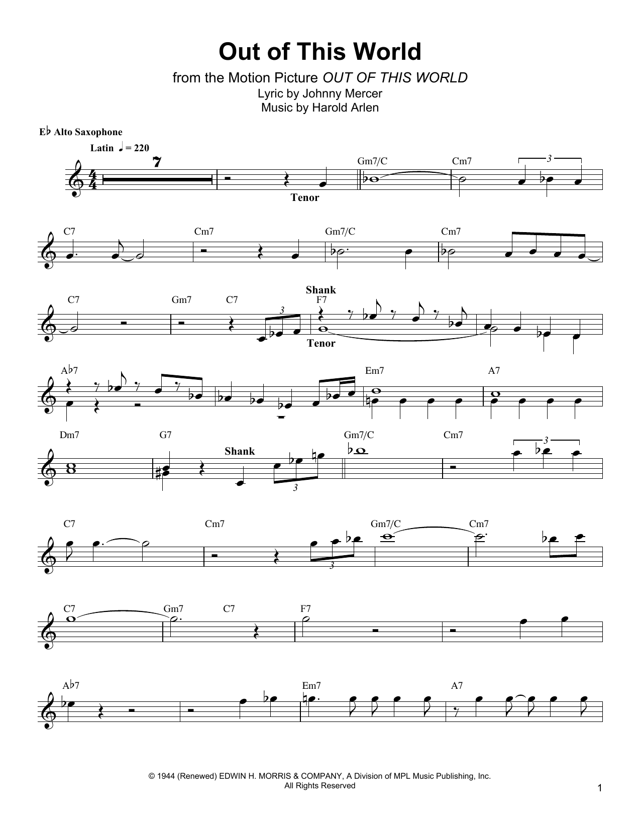 Bud Shank Out Of This World sheet music notes and chords. Download Printable PDF.