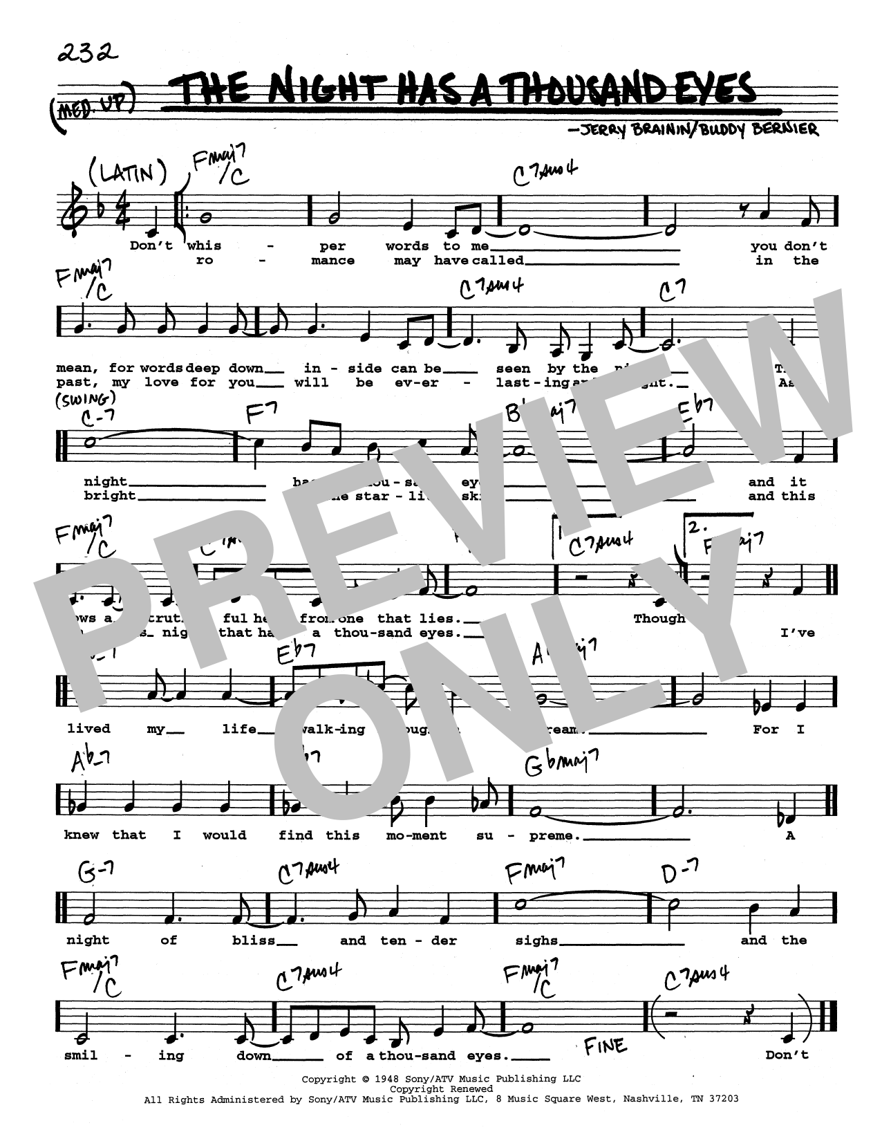 Buddy Bernier The Night Has A Thousand Eyes (Low Voice) sheet music notes and chords. Download Printable PDF.