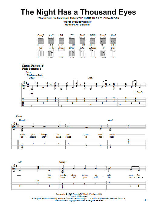 Buddy Bernier The Night Has A Thousand Eyes sheet music notes and chords. Download Printable PDF.