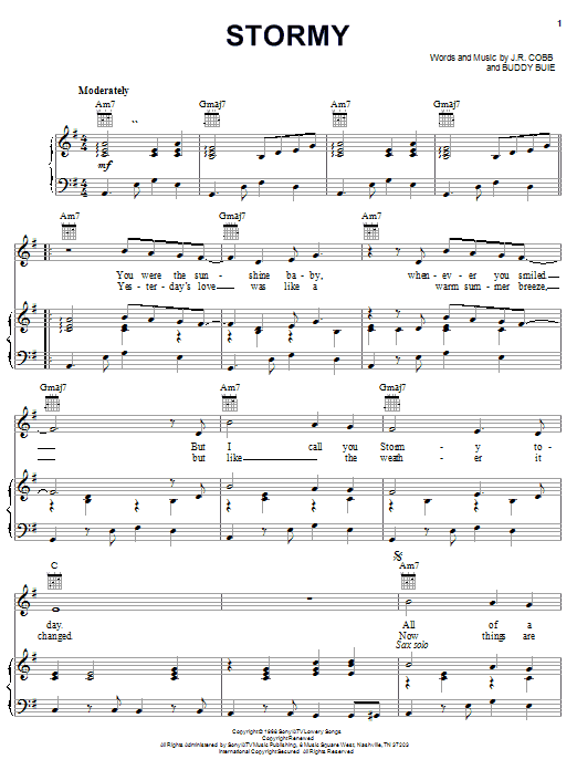 Buddy Buie Stormy sheet music notes and chords arranged for Piano, Vocal & Guitar Chords (Right-Hand Melody)
