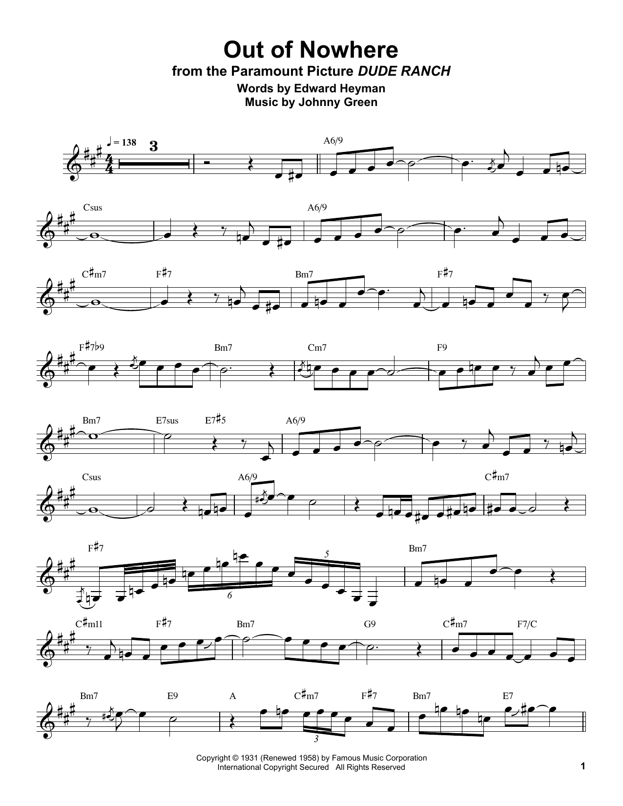 Buddy DeFranco Out Of Nowhere sheet music notes and chords. Download Printable PDF.