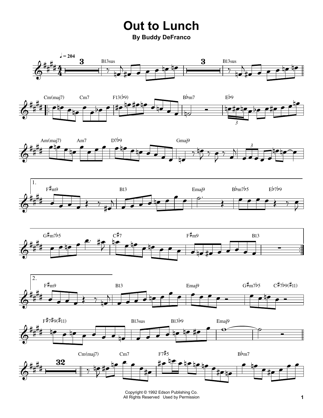 Buddy DeFranco Out To Lunch sheet music notes and chords. Download Printable PDF.