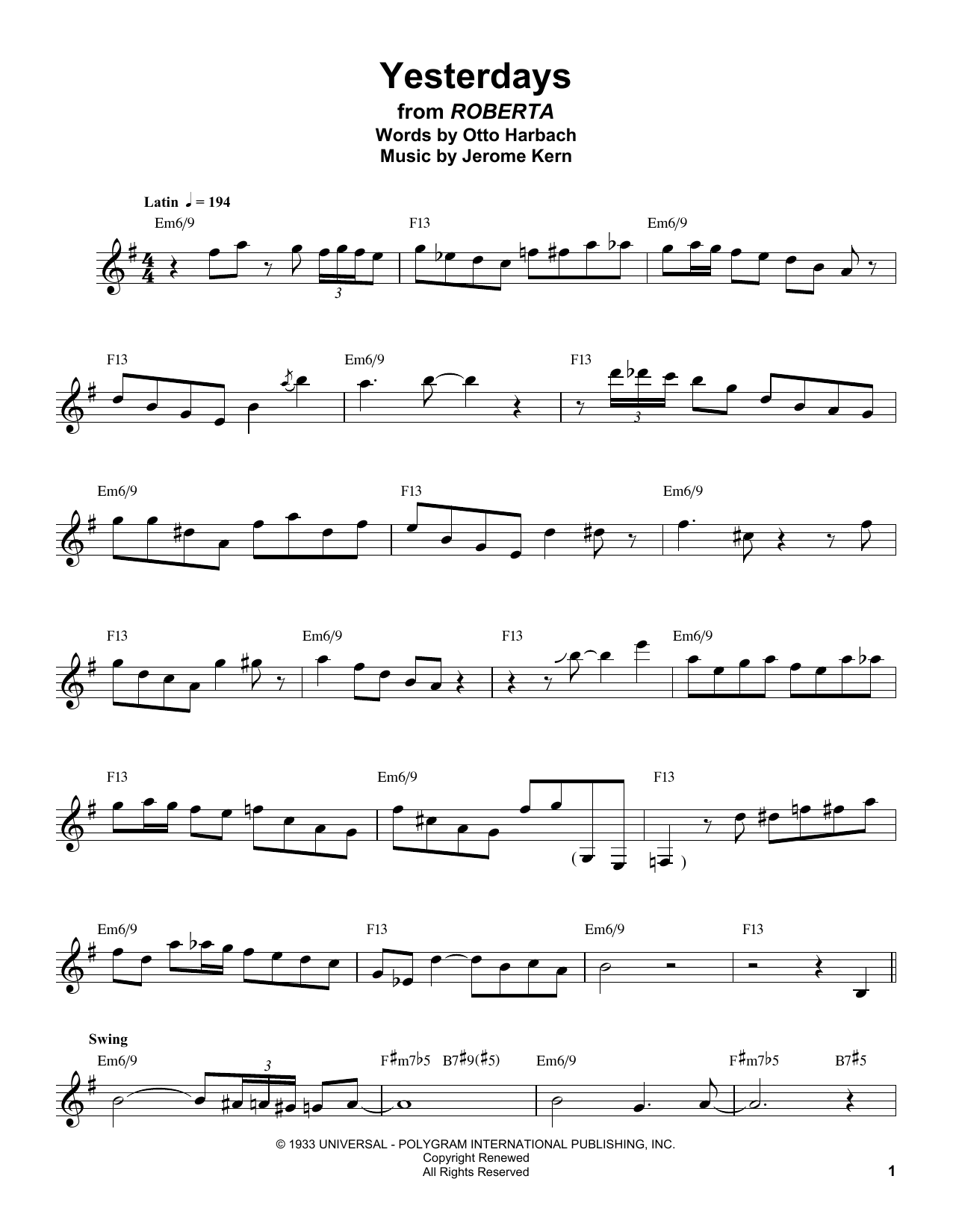 Buddy DeFranco Yesterdays sheet music notes and chords. Download Printable PDF.