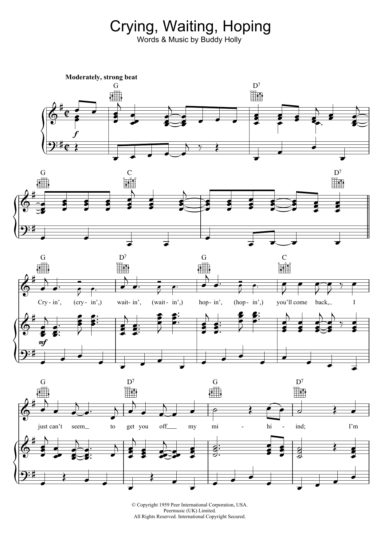 Buddy Holly Crying, Waiting, Hoping sheet music notes and chords arranged for Piano, Vocal & Guitar Chords
