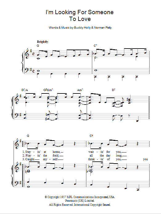 Buddy Holly I'm Looking For Someone To Love sheet music notes and chords arranged for Piano, Vocal & Guitar Chords