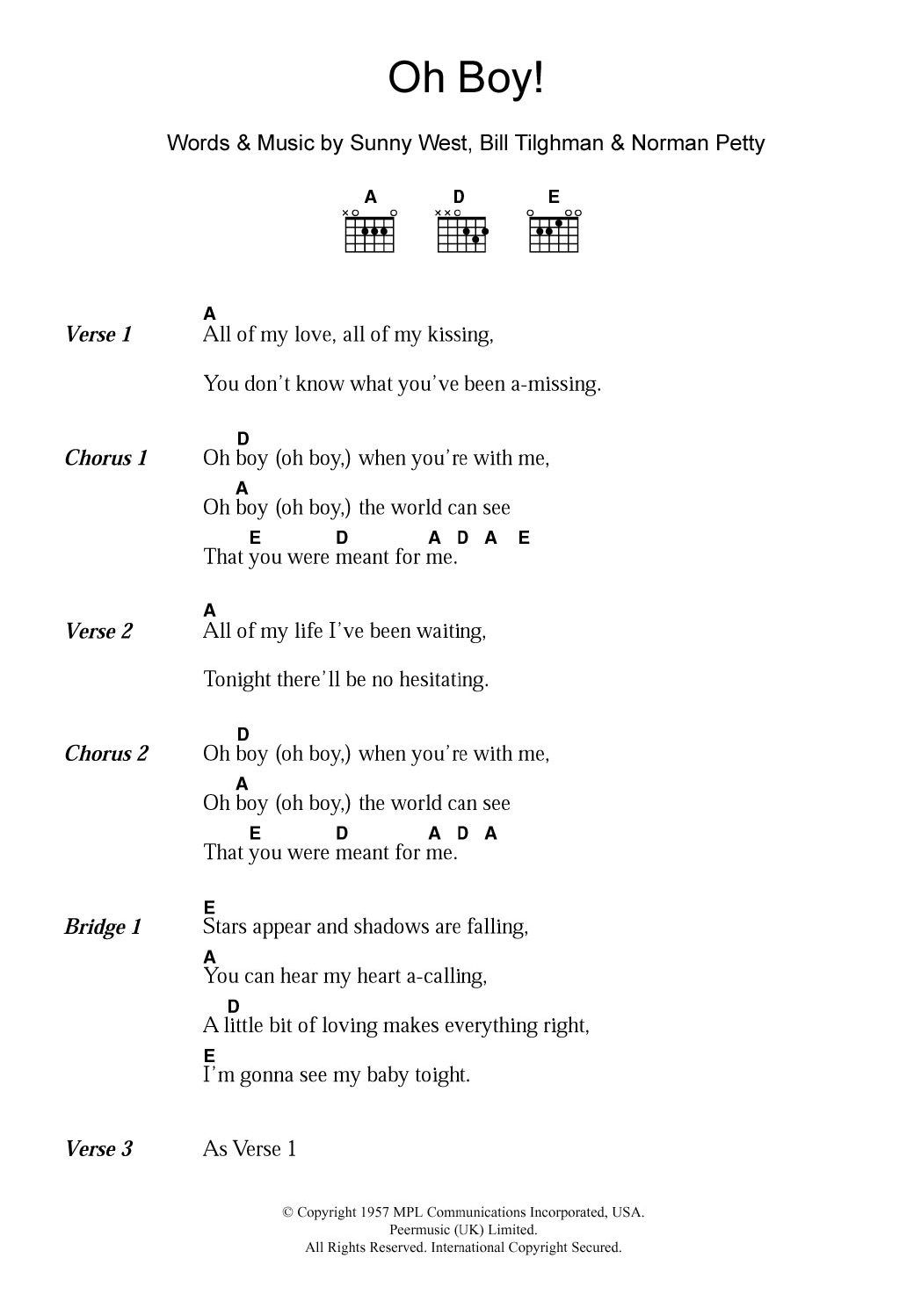 Buddy Holly Oh Boy! sheet music notes and chords arranged for Piano, Vocal & Guitar Chords (Right-Hand Melody)