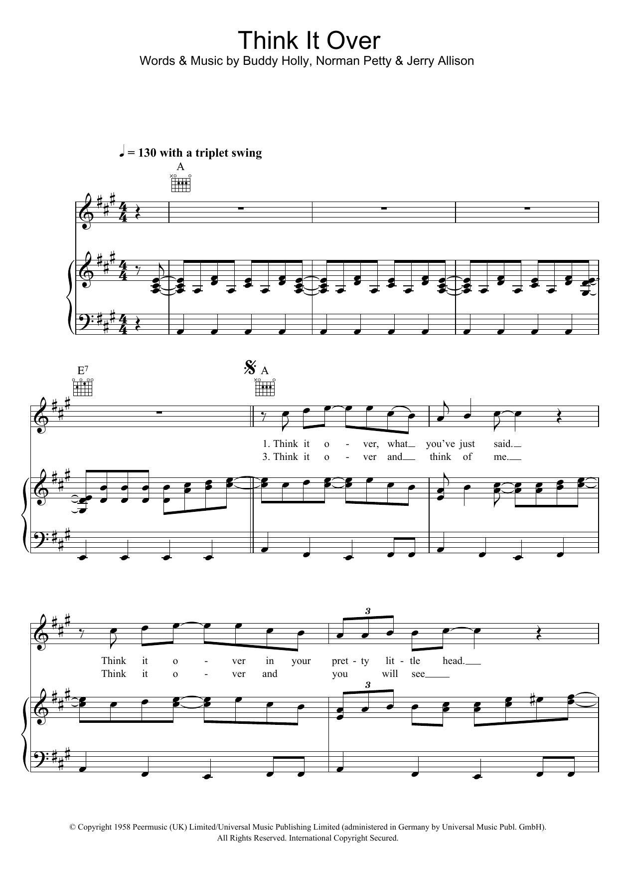 Buddy Holly Think It Over sheet music notes and chords. Download Printable PDF.