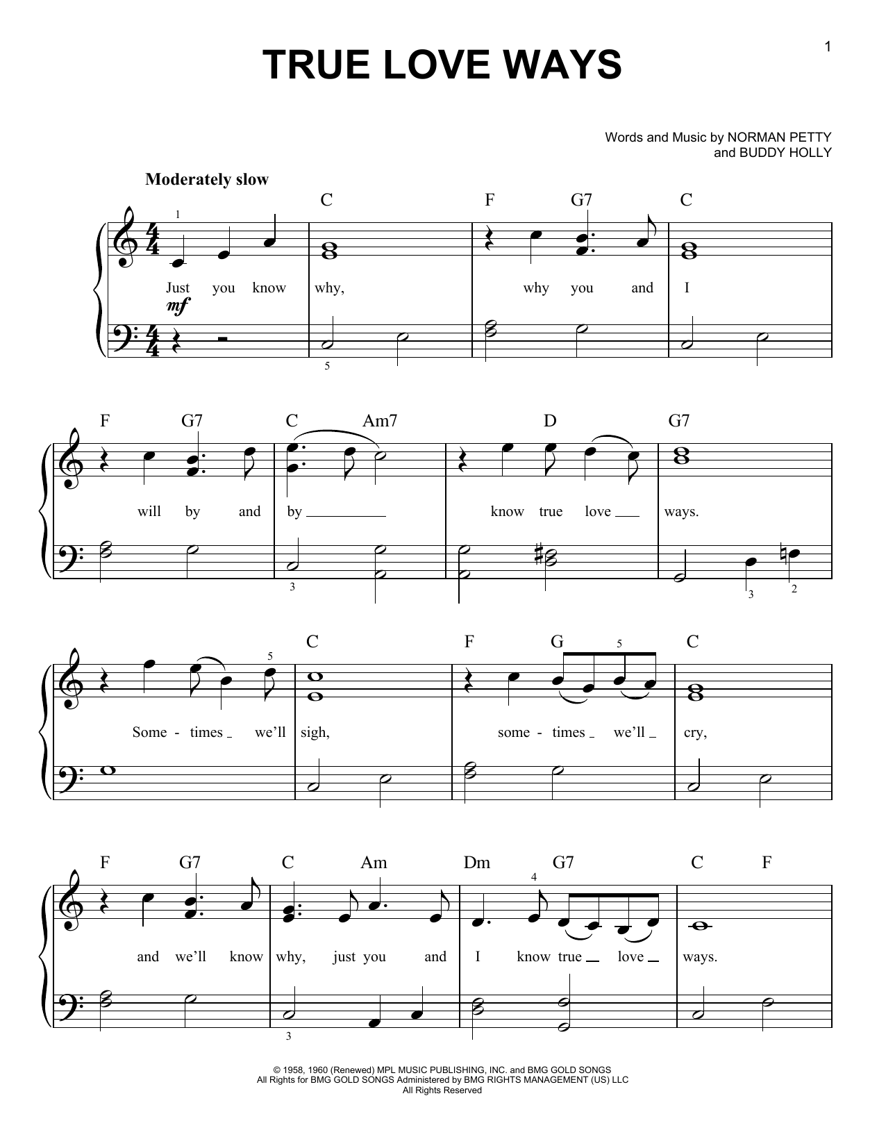 Buddy Holly True Love Ways sheet music notes and chords. Download Printable PDF.