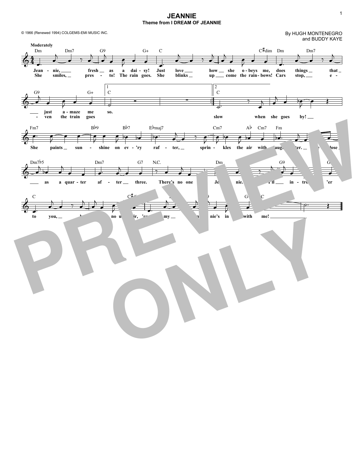 Buddy Kaye Jeannie (from I Dream Of Jeannie) sheet music notes and chords arranged for Lead Sheet / Fake Book