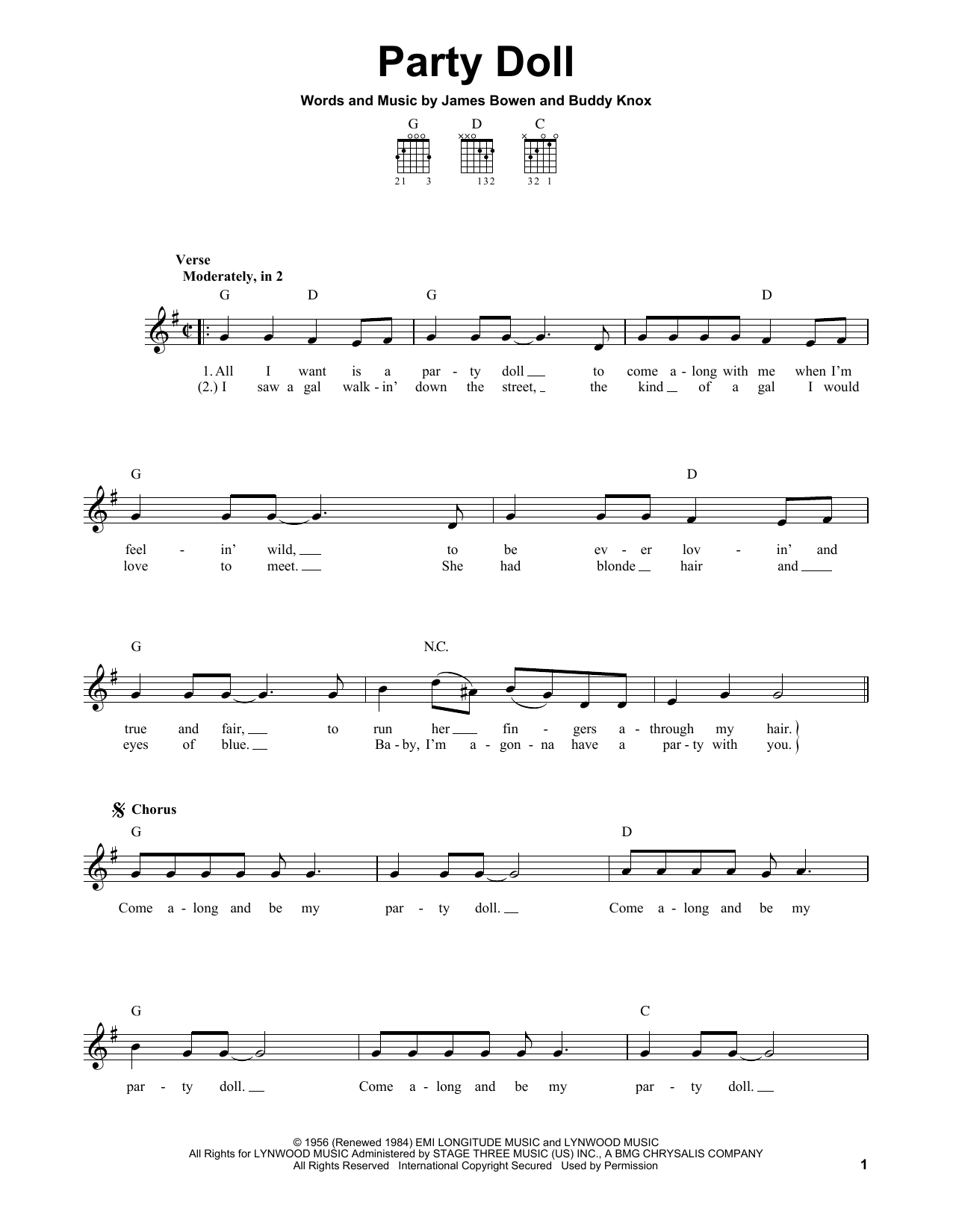 Buddy Knox Party Doll sheet music notes and chords arranged for Piano, Vocal & Guitar Chords (Right-Hand Melody)