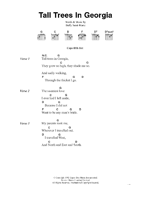 Buffy Saint-Marie Tall Trees In Georgia sheet music notes and chords. Download Printable PDF.