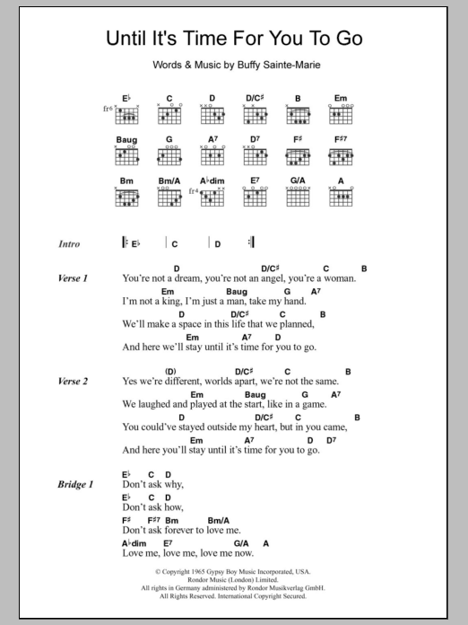 Buffy Sainte-Marie Until It's Time For You To Go sheet music notes and chords. Download Printable PDF.