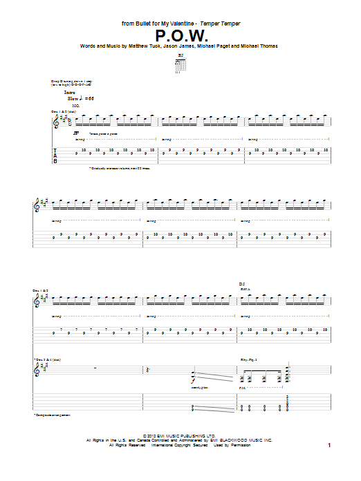 Learn to play Bullet for My Valentine P.O.W. sheet music for Guitar Tab in minutes. Price: 7.8900$ Bullet for My Valentine P.O.W. sheet music notes and chords arranged for Guitar Tab