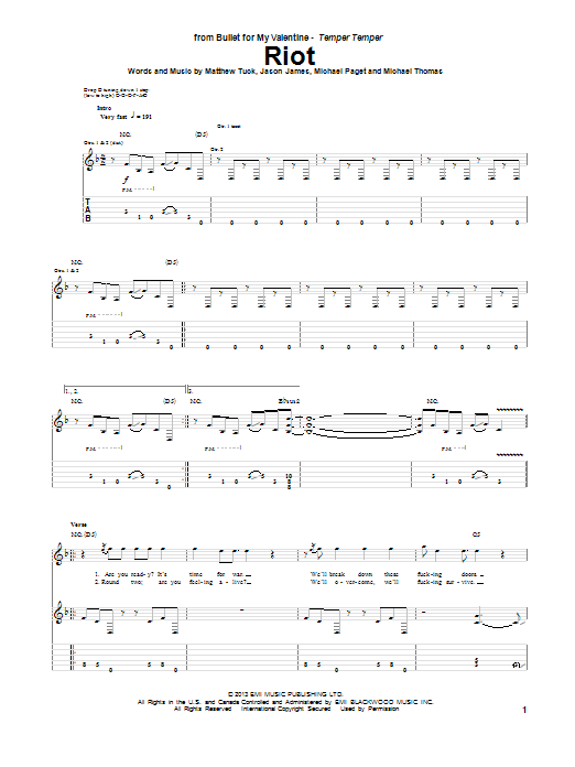 Learn to play Bullet for My Valentine Riot sheet music for Guitar Tab in minutes. Price: 7.8900$ Bullet for My Valentine Riot sheet music notes and chords arranged for Guitar Tab