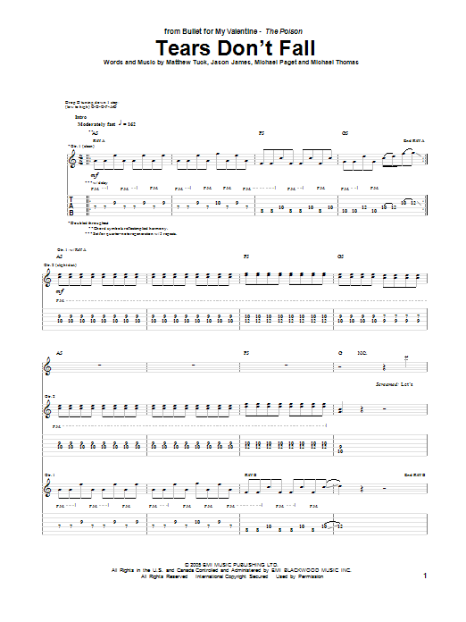 Bullet For My Valentine Tears Don't Fall sheet music notes and chords. Download Printable PDF.