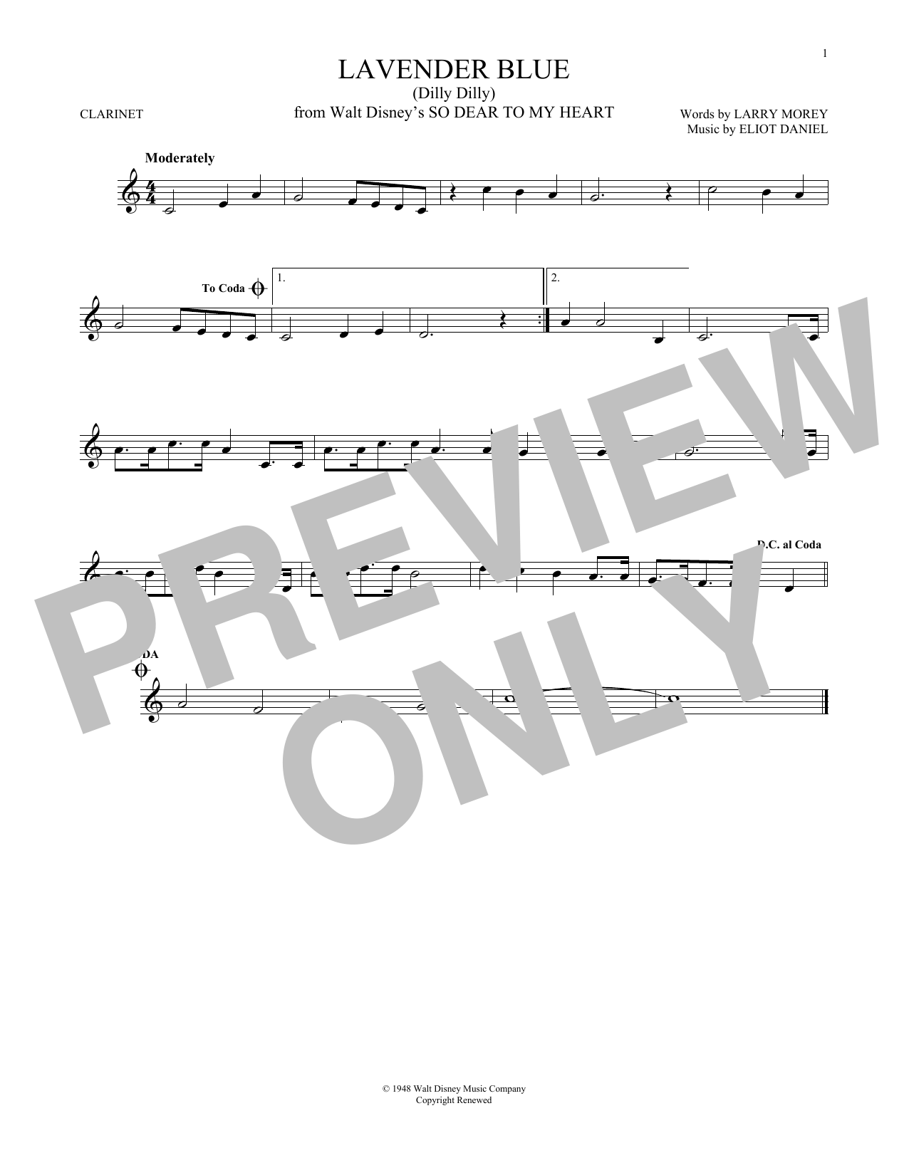 Eliot Daniel Lavender Blue (Dilly Dilly) (from Walt Disney's So Dear To My Heart) sheet music notes and chords. Download Printable PDF.