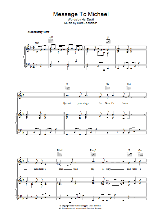 Learn to play Burt Bacharach A Message to Martha (A Message To Michael/Kentucky Bluebird) sheet music for Piano, Vocal & Guitar Chords in minutes. Price: 7.8900$ Burt Bacharach A Message to Martha (A Message To Michael/Kentucky Bluebird) sheet music notes and chords arranged for Piano, Vocal & Guitar Chords