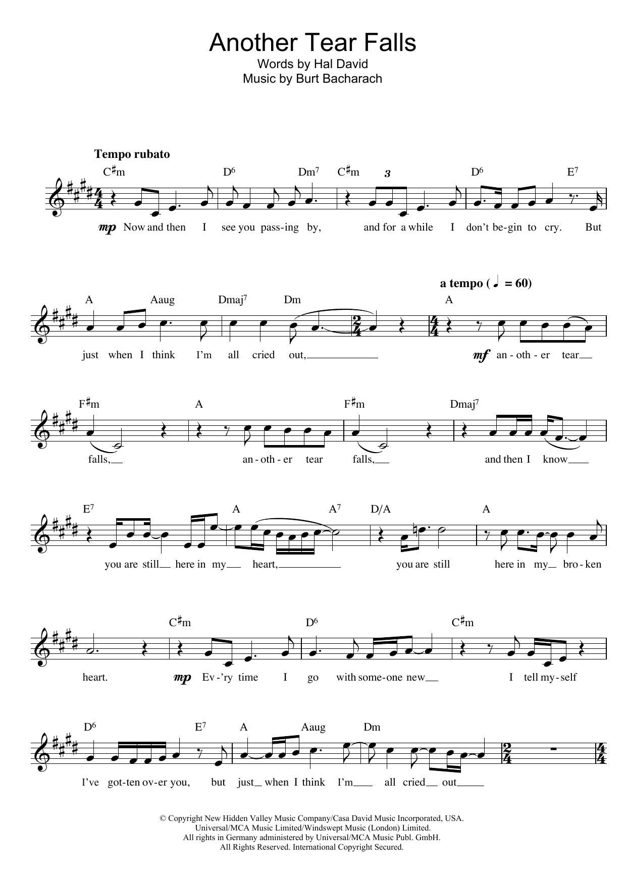 Bacharach & David Another Tear Falls sheet music notes and chords. Download Printable PDF.