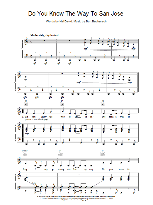 Bacharach & David Do You Know The Way To San Jose sheet music notes and chords. Download Printable PDF.