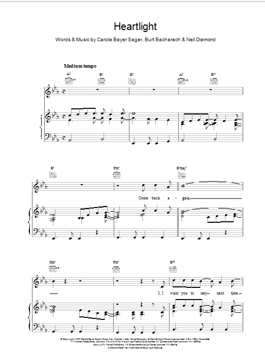 Burt Bacharach Heartlight sheet music notes and chords arranged for Piano, Vocal & Guitar Chords