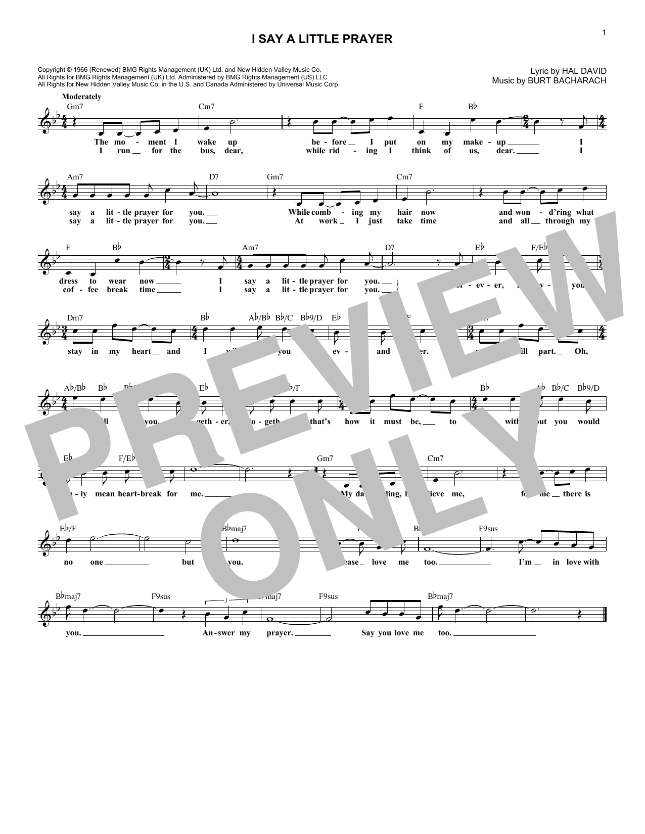 Learn to play Burt Bacharach I Say A Little Prayer sheet music for Lead Sheet / Fake Book in minutes. Price: 5.9900$ Burt Bacharach I Say A Little Prayer sheet music notes and chords arranged for Lead Sheet / Fake Book