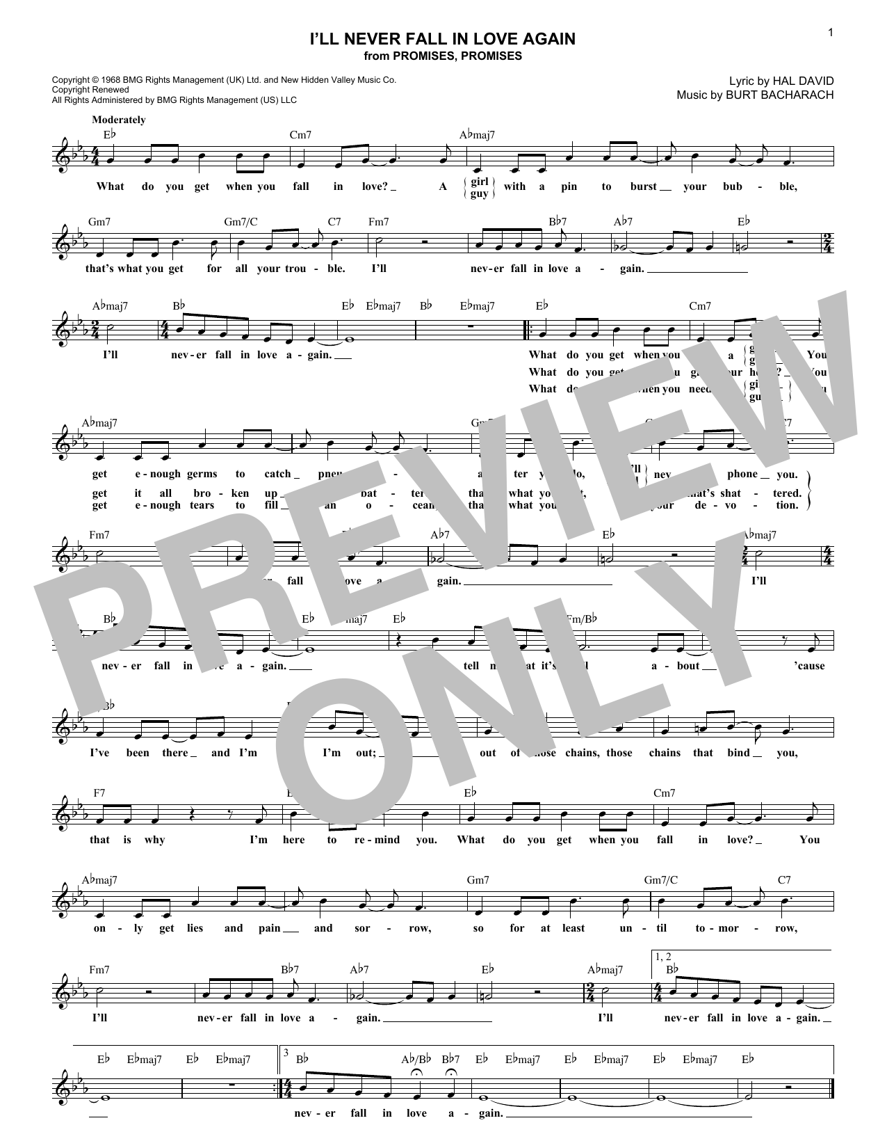 Burt Bacharach I'll Never Fall In Love Again sheet music notes and chords. Download Printable PDF.