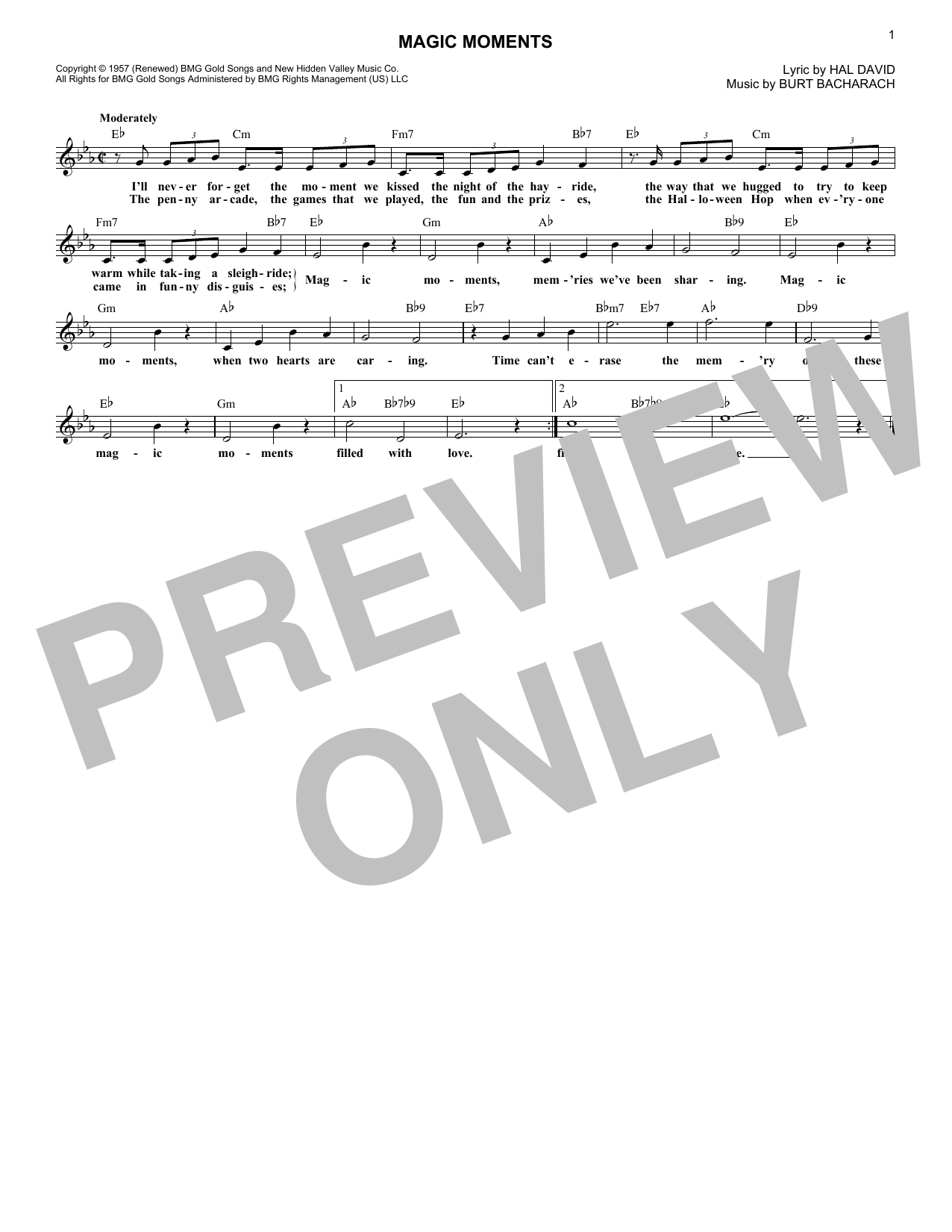 Burt Bacharach Magic Moments sheet music notes and chords. Download Printable PDF.