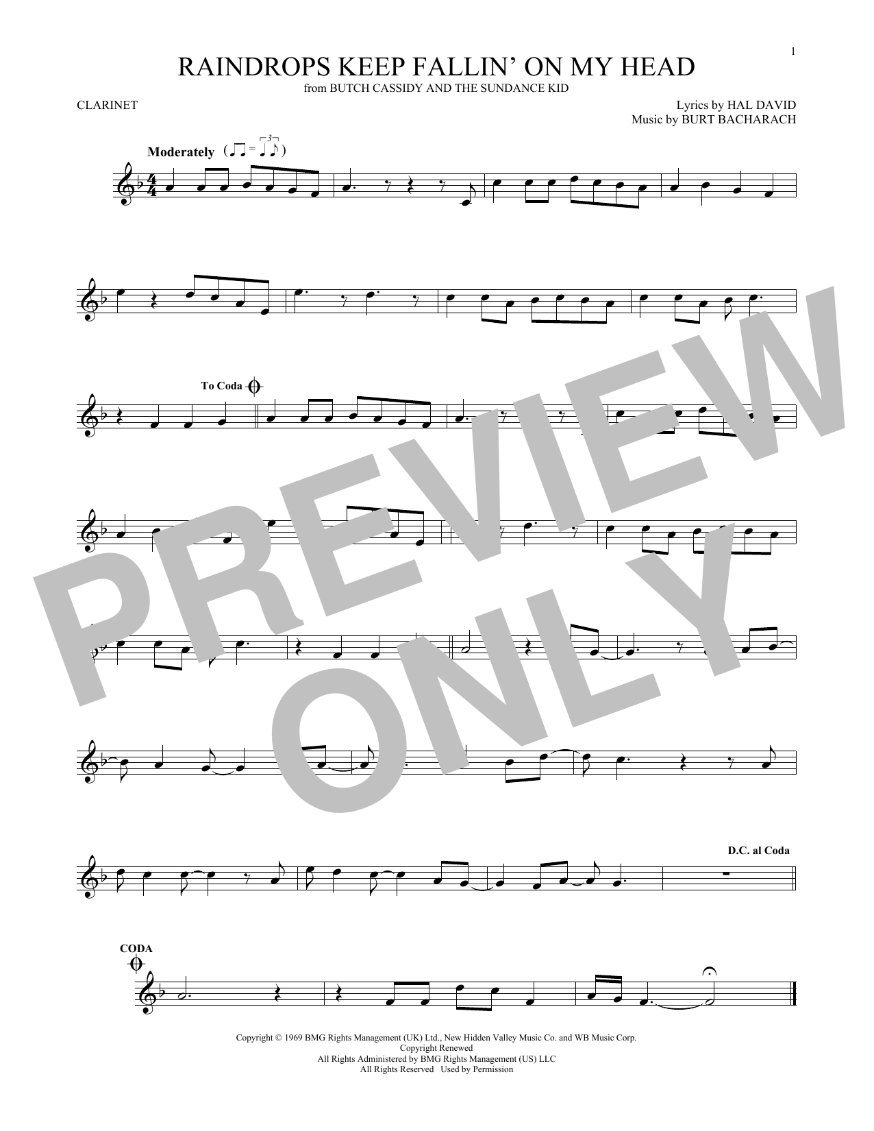 Burt Bacharach Raindrops Keep Fallin' On My Head sheet music notes and chords arranged for Alto Sax Solo