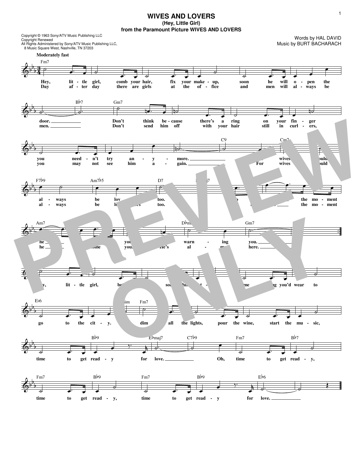 Learn to play Burt Bacharach Wives And Lovers (Hey, Little Girl) sheet music for Lead Sheet / Fake Book in minutes. Price: 5.9900$ Burt Bacharach Wives And Lovers (Hey, Little Girl) sheet music notes and chords arranged for Lead Sheet / Fake Book