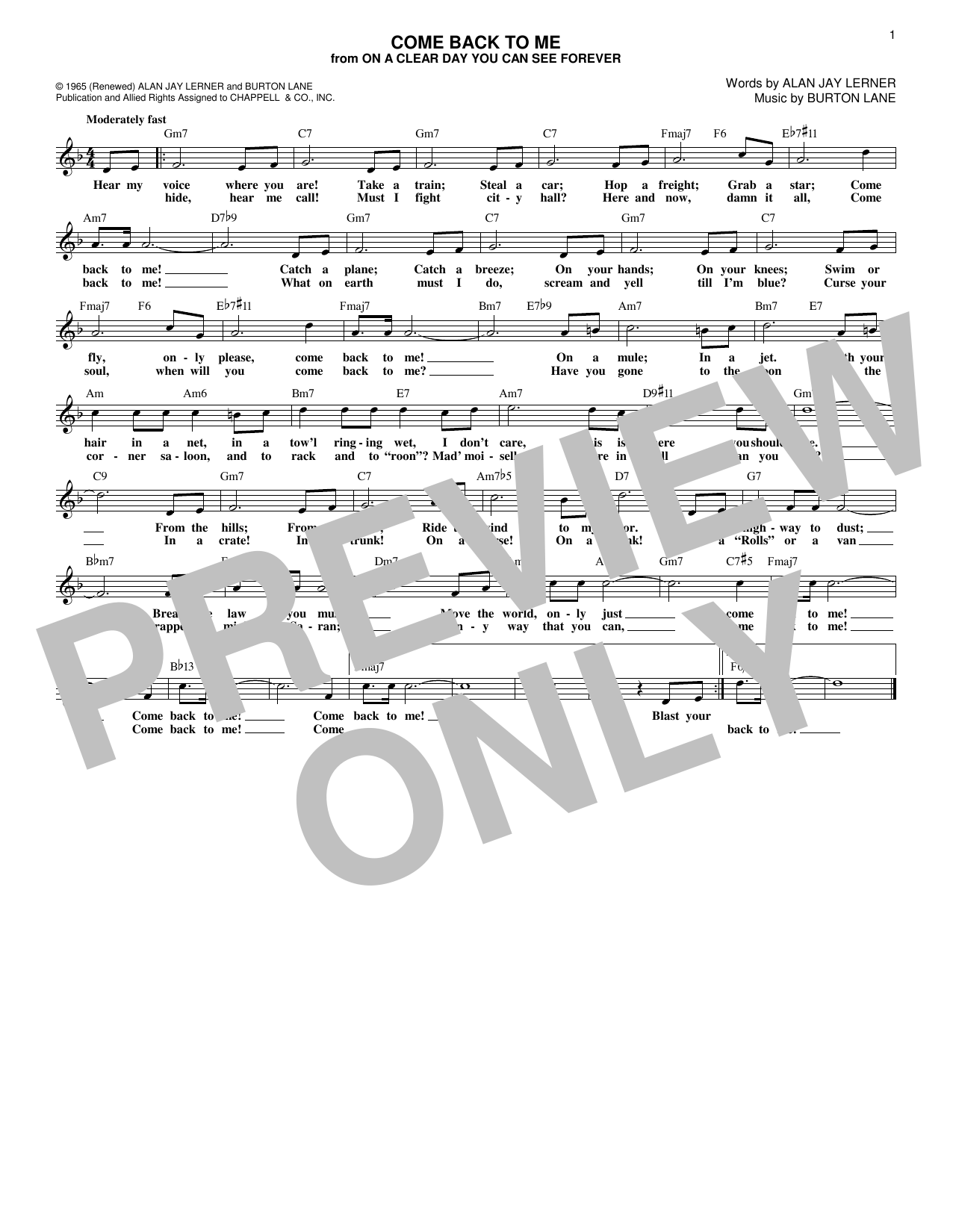 Learn to play Burton Lane Come Back To Me sheet music for Lead Sheet / Fake Book in minutes. Price: 5.9900$ Burton Lane Come Back To Me sheet music notes and chords arranged for Lead Sheet / Fake Book
