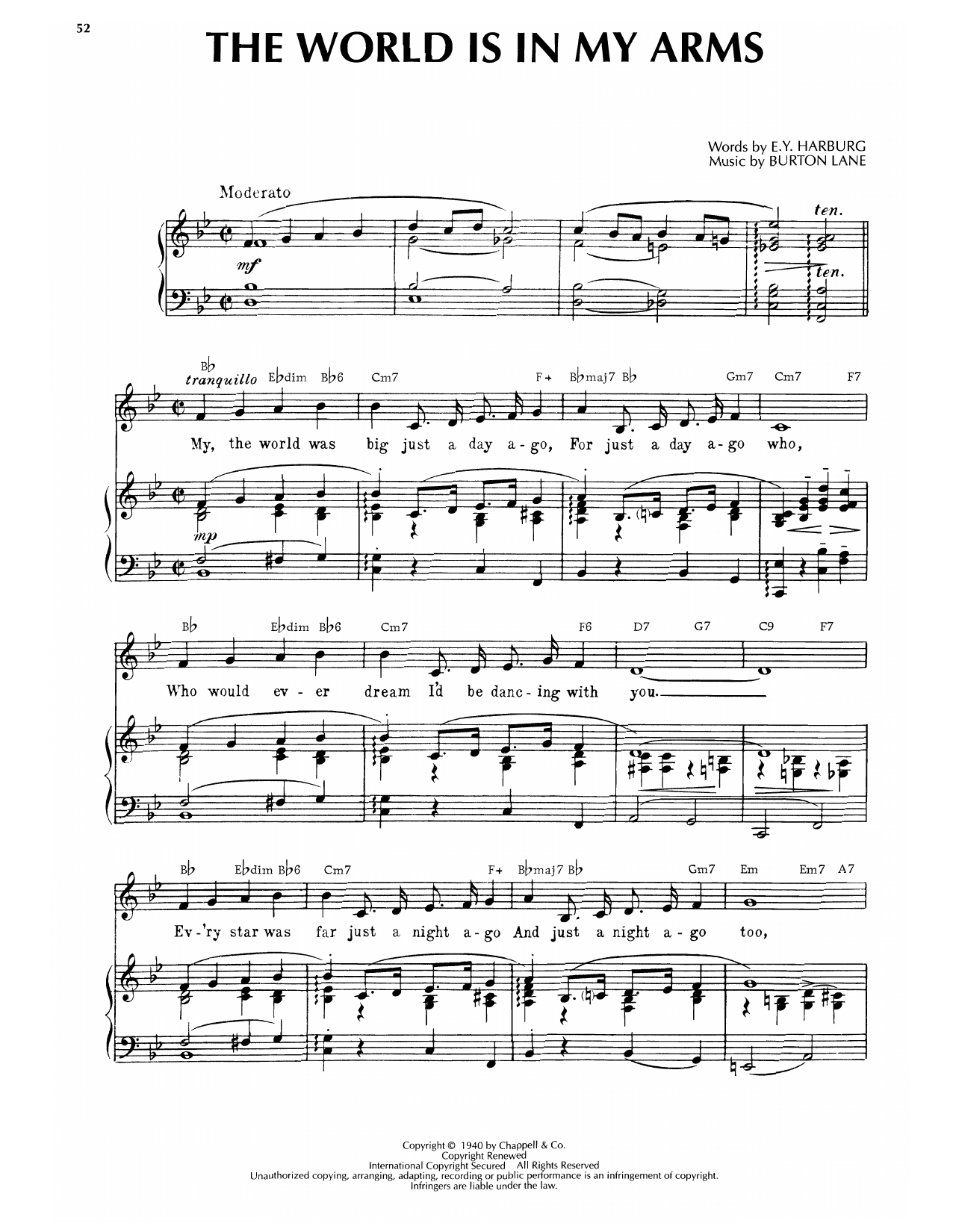 Learn to play Burton Lane The World Is In My Arms sheet music for Piano, Vocal & Guitar Chords (Right-Hand Melody) in minutes. Price: 7.8900$ Burton Lane The World Is In My Arms sheet music notes and chords arranged for Piano, Vocal & Guitar Chords (Right-Hand Melody)