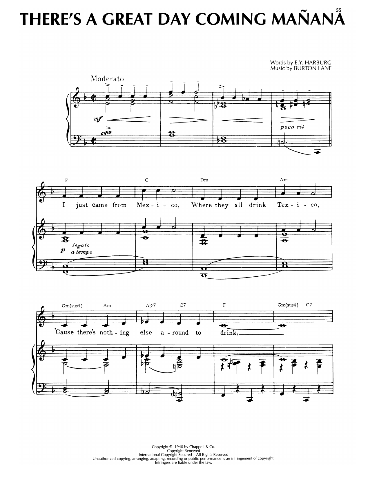 Learn to play Burton Lane There's A Great Day Coming Manana (from Hold On To Your Hats) sheet music for Piano, Vocal & Guitar Chords (Right-Hand Melody) in minutes. Price: 7.8900$ Burton Lane There's A Great Day Coming Manana (from Hold On To Your Hats) sheet music notes and chords arranged for Piano, Vocal & Guitar Chords (Right-Hand Melody)