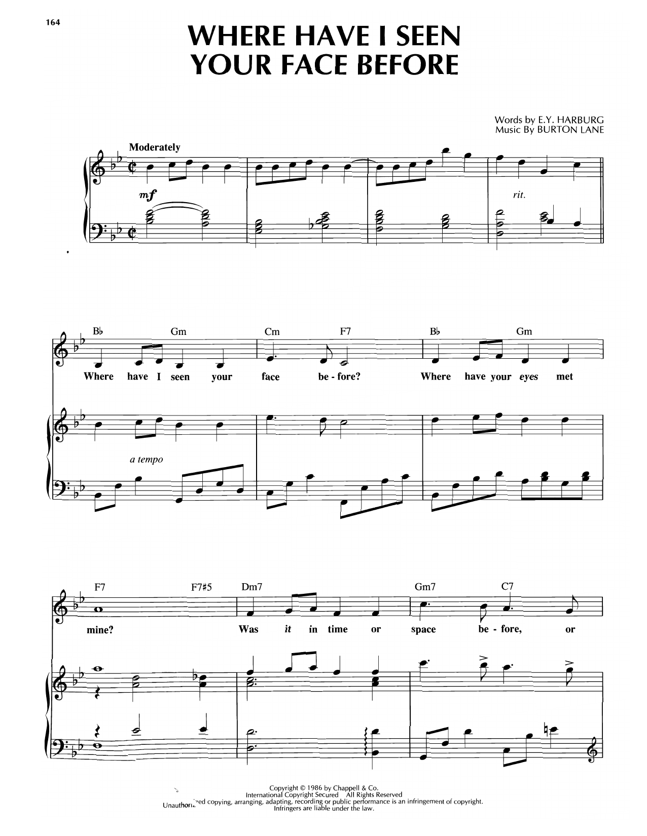 Learn to play Burton Lane Where Have I Seen Your Face Before sheet music for Piano, Vocal & Guitar Chords (Right-Hand Melody) in minutes. Price: 7.8900$ Burton Lane Where Have I Seen Your Face Before sheet music notes and chords arranged for Piano, Vocal & Guitar Chords (Right-Hand Melody)