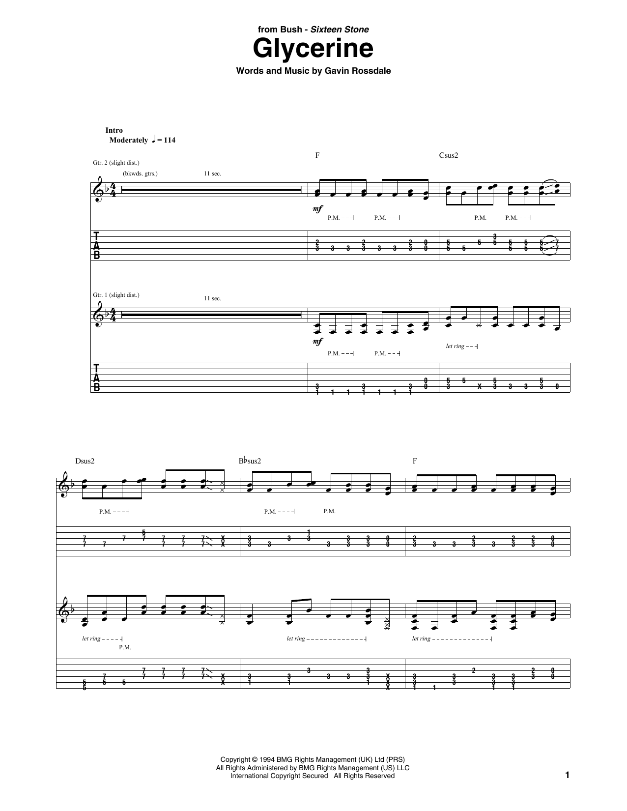 Bush Glycerine sheet music notes and chords. Download Printable PDF.