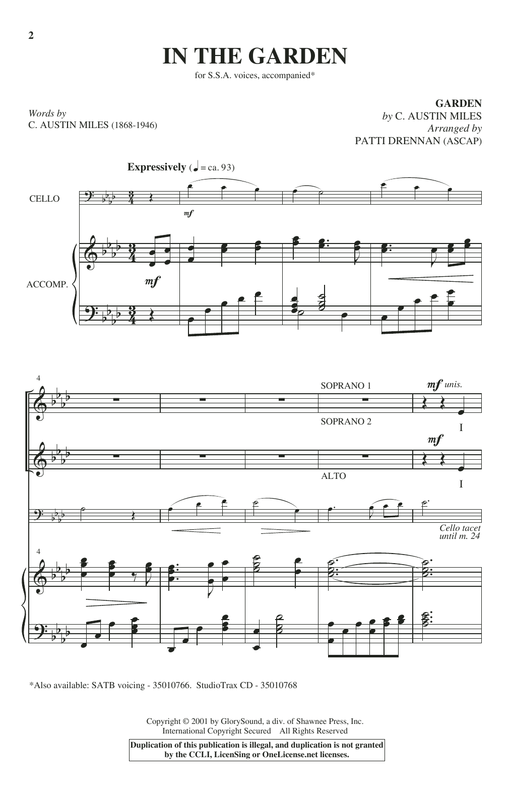 C. Austin Miles In The Garden (arr. Patti Drennan) sheet music notes and chords. Download Printable PDF.