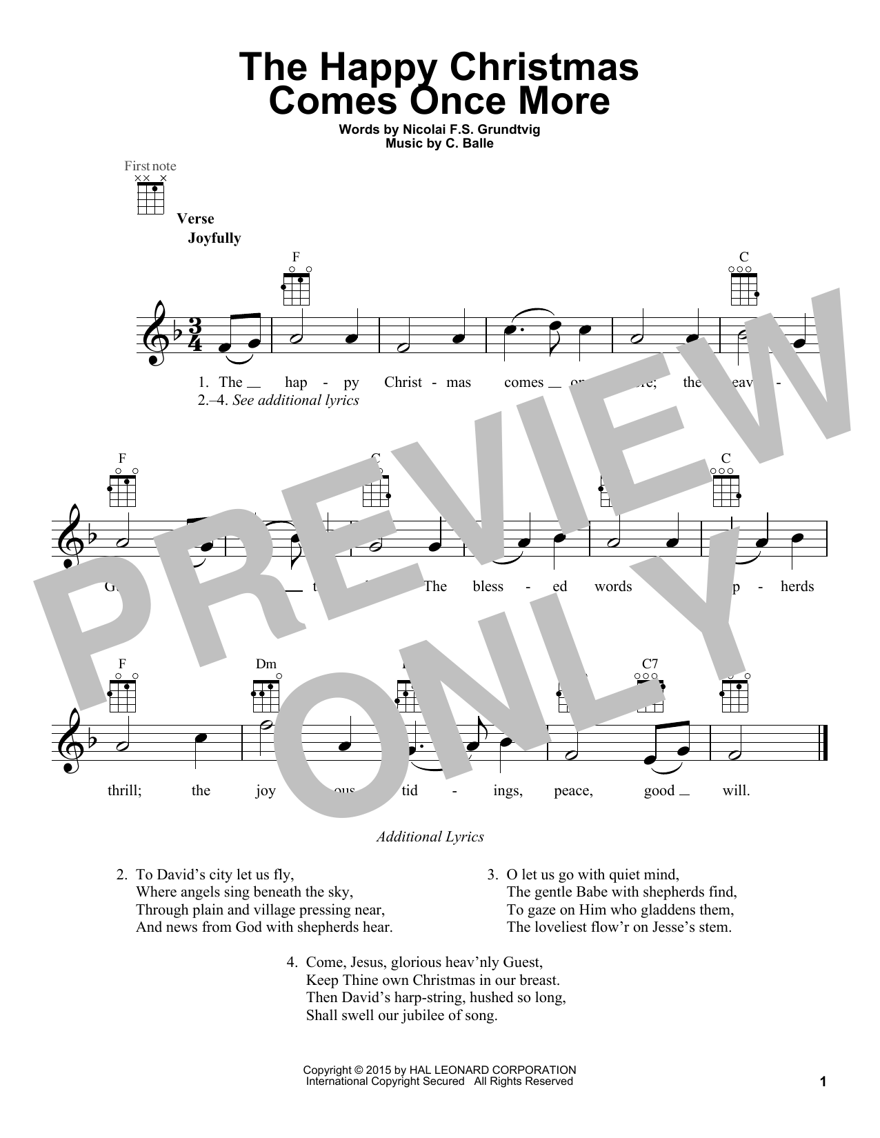 Learn to play Nikolai F.S. Grundtvig The Happy Christmas Comes Once More sheet music for Ukulele in minutes. Price: 5.9900$ Nikolai F.S. Grundtvig The Happy Christmas Comes Once More sheet music notes and chords arranged for Ukulele