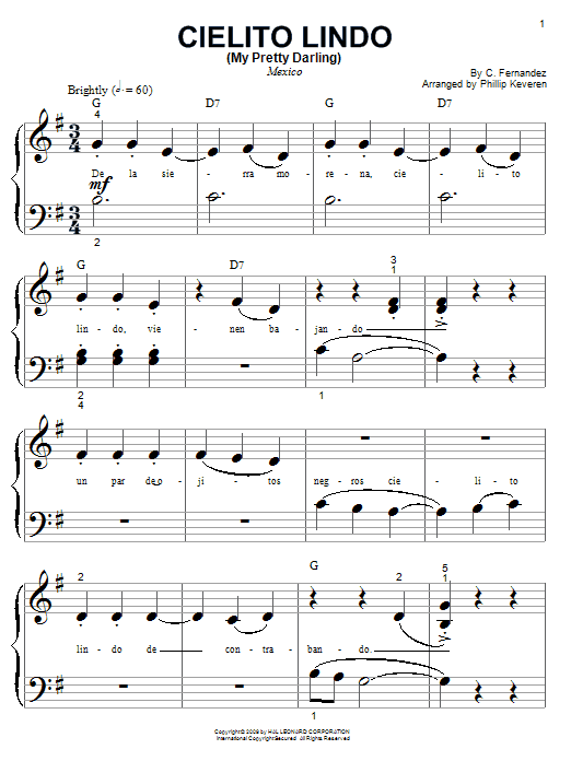 Learn to play Carlos Fernandez Cielito Lindo (My Pretty Darling) sheet music for Big Note Piano in minutes. Price: 6.9900$ Carlos Fernandez Cielito Lindo (My Pretty Darling) sheet music notes and chords arranged for Big Note Piano