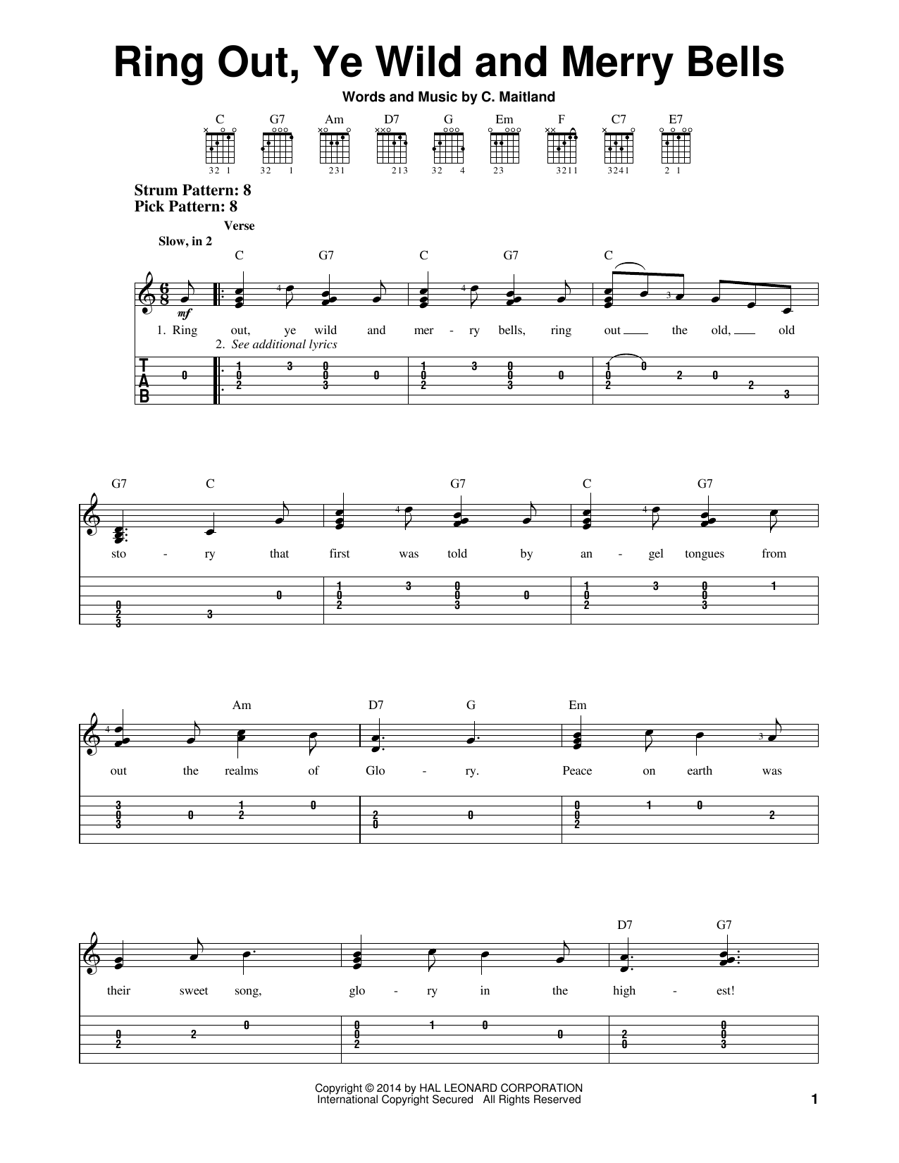 C. Maitland Ring Out, Ye Wild And Merry Bells sheet music notes and chords. Download Printable PDF.