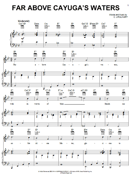 Learn to play C. Urguhart Far Above Cayuga's Waters sheet music for Piano, Vocal & Guitar Chords (Right-Hand Melody) in minutes. Price: 7.8900$ C. Urguhart Far Above Cayuga's Waters sheet music notes and chords arranged for Piano, Vocal & Guitar Chords (Right-Hand Melody)