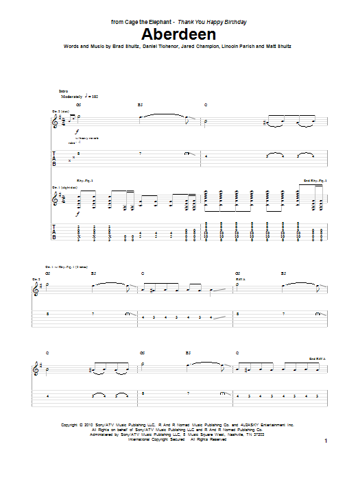 Learn to play Cage the Elephant Aberdeen sheet music for Guitar Tab in minutes. Price: 7.8900$ Cage the Elephant Aberdeen sheet music notes and chords arranged for Guitar Tab
