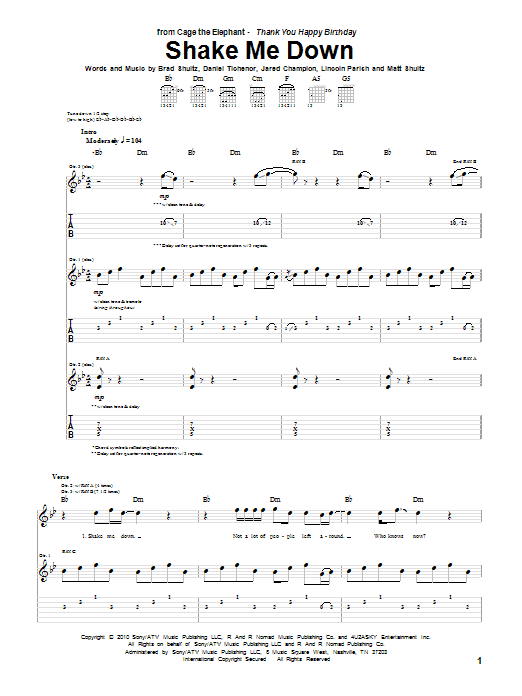 Learn to play Cage the Elephant Shake Me Down sheet music for Guitar Tab in minutes. Price: 7.8900$ Cage the Elephant Shake Me Down sheet music notes and chords arranged for Guitar Tab