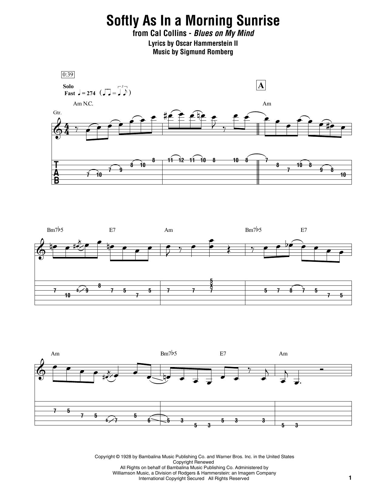 Cal Collins Softly As In A Morning Sunrise sheet music notes and chords. Download Printable PDF.