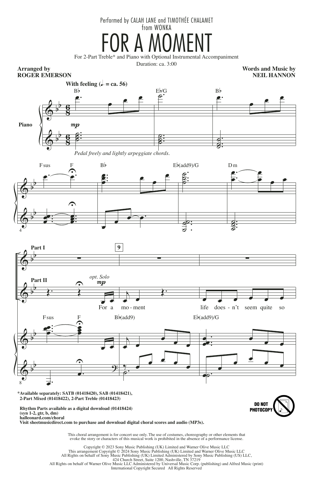 Calah Lane & Timothée Chalamet For A Moment (from Wonka) (arr. Roger Emerson) sheet music notes and chords. Download Printable PDF.