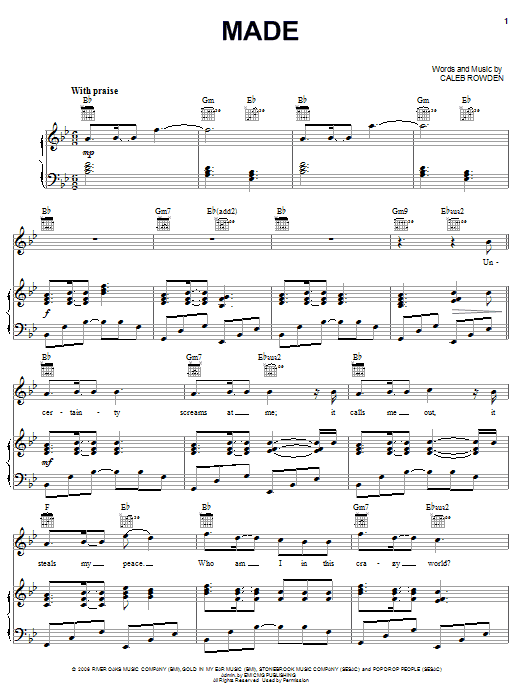Learn to play Caleb Rowden Made sheet music for Piano, Vocal & Guitar Chords (Right-Hand Melody) in minutes. Price: 7.8900$ Caleb Rowden Made sheet music notes and chords arranged for Piano, Vocal & Guitar Chords (Right-Hand Melody)