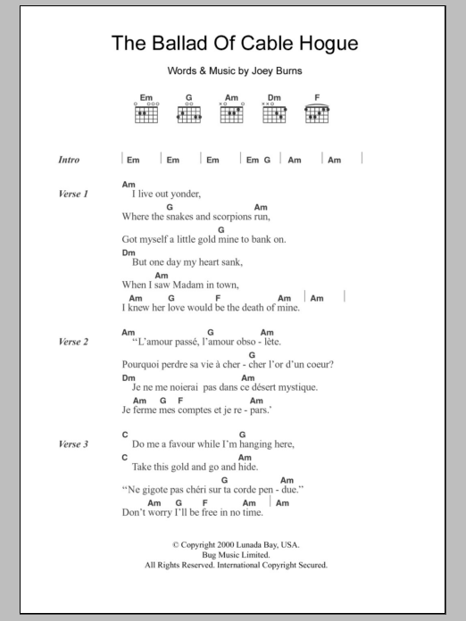 Calexico The Ballad Of Cable Hogue sheet music notes and chords. Download Printable PDF.